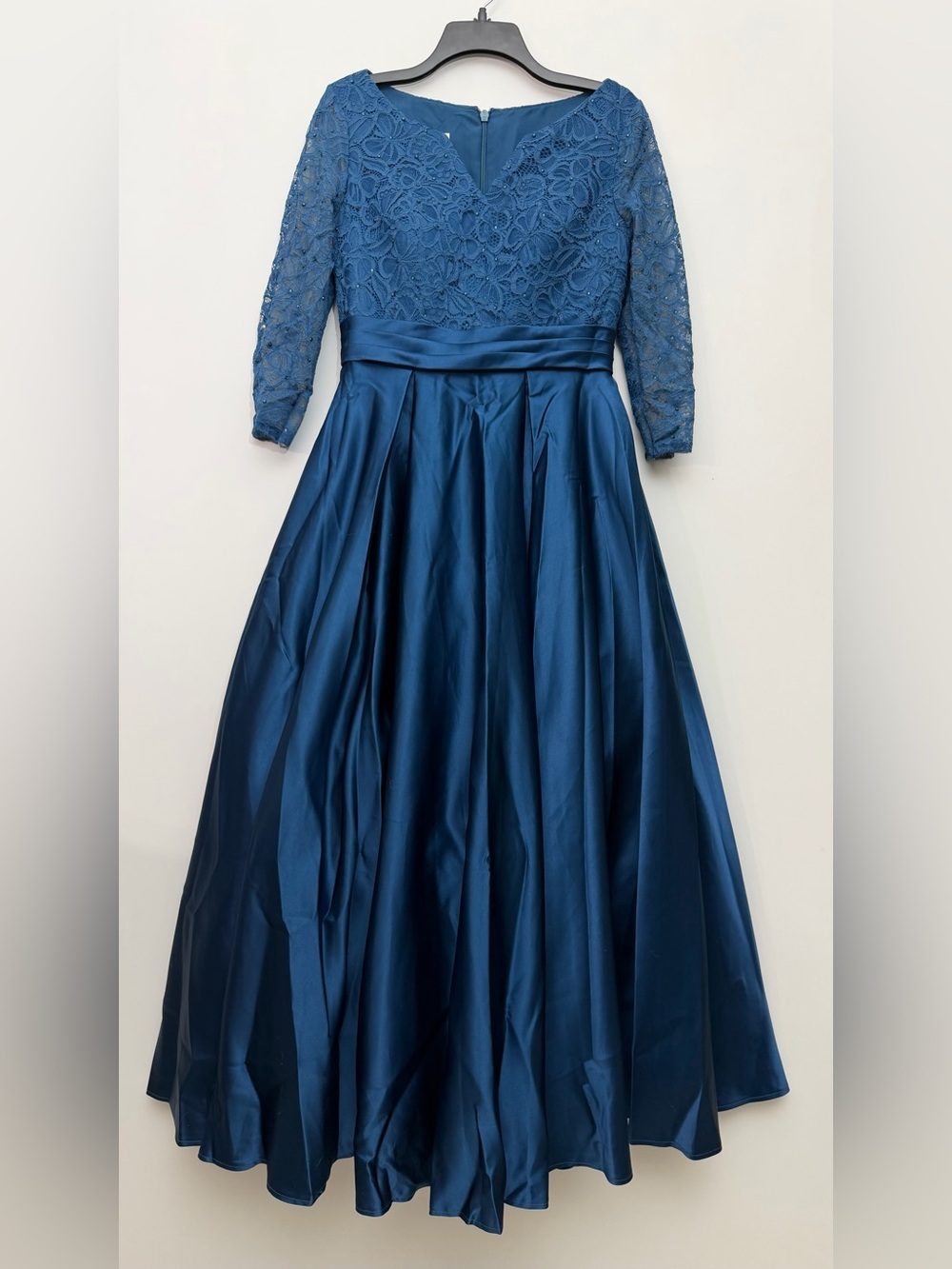 JJ's House Blue Lace Satin V-Neck Sleeve Beaded A-Line Long Dress 6
